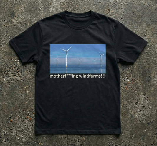 Black heavyweight streetwear t-shirt with cinematic offshore wind farm photo and white meme text motherf***ing windfarms. WinDefy activist apparel