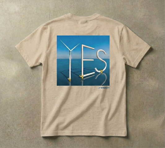 Back of Sand t-shirt featuring surreal art print of wind turbines forming the word YES rising from the ocean. Pro-offshore wind graphic tee.